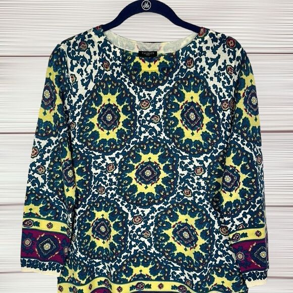 Talbots Merino Wool Lightweight Sweater Aqua Blue Yellow 3/4 Sleeve size X - Picture 2 of 10